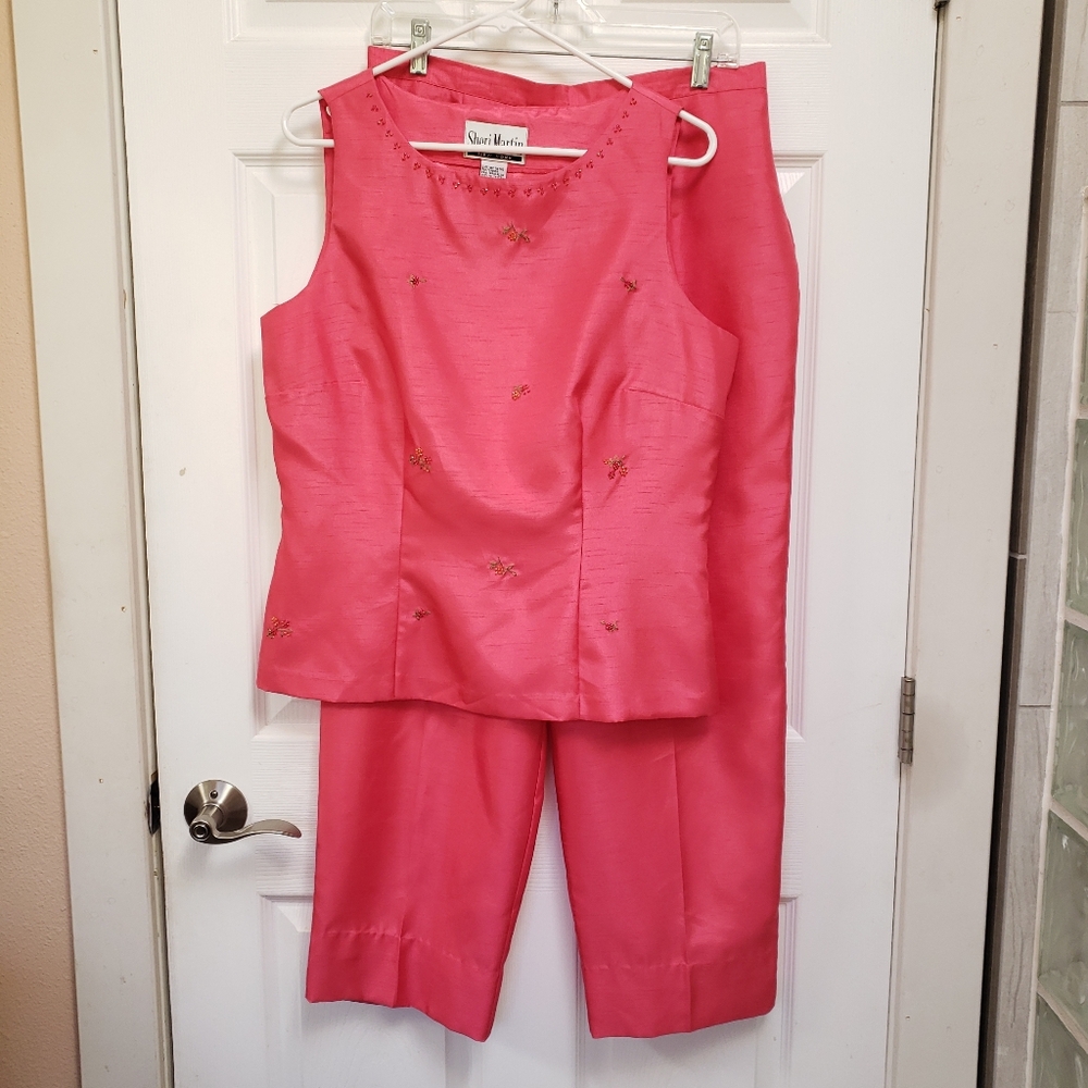 Sheri Martin Pink Beaded Sleeveless Top Pants Two Piece Set